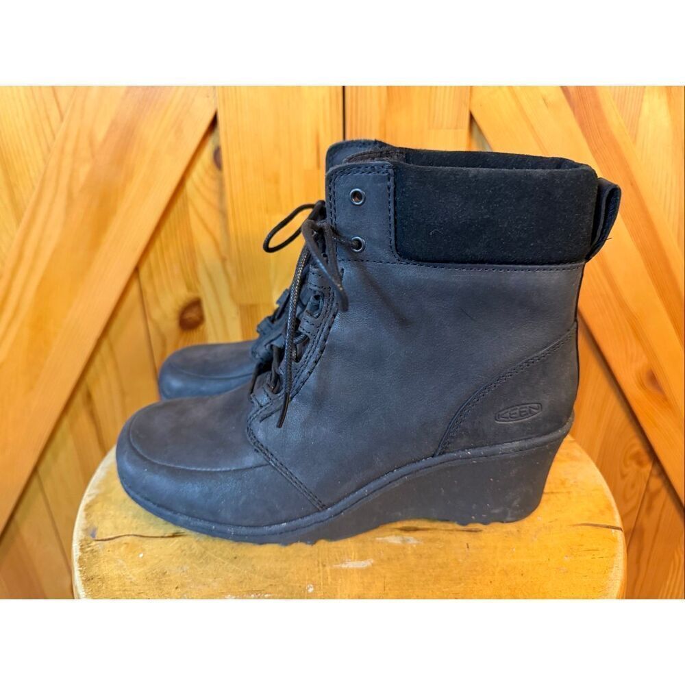 Keen Akita Black Leather Lace-Up Comfort Wedge Ankle Boots Size 8 - Picture 3 of 7
